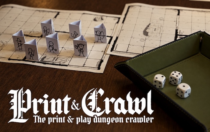 Print & Crawl set up with dungeon maps, paper standees, and dice