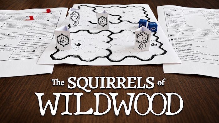 The Squirrels of Wildwood set up with a map, character sheets, paper standees, and dice